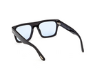 Black acetate sunglasses with square frames, light blue lenses, logo detail on temple