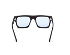 Black acetate sunglasses with square frames and light blue lenses, front view