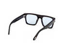 Black acetate sunglasses with square frames and light blue lenses, angled temple view