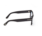 Black acetate sunglasses with light blue lenses and straight arms, side profile