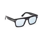 Black acetate sunglasses with square frames and light blue lenses, alternate side view
