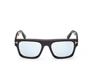 Black acetate sunglasses with square frames and light blue lenses, front close-up