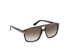 Rounded acetate sunglasses in coloured Havana, angled view with dark lenses and bold bridge
