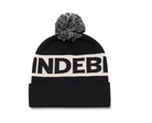 Black knit beanie with pom-pom and wide white logo band, 'INDEB' lettering