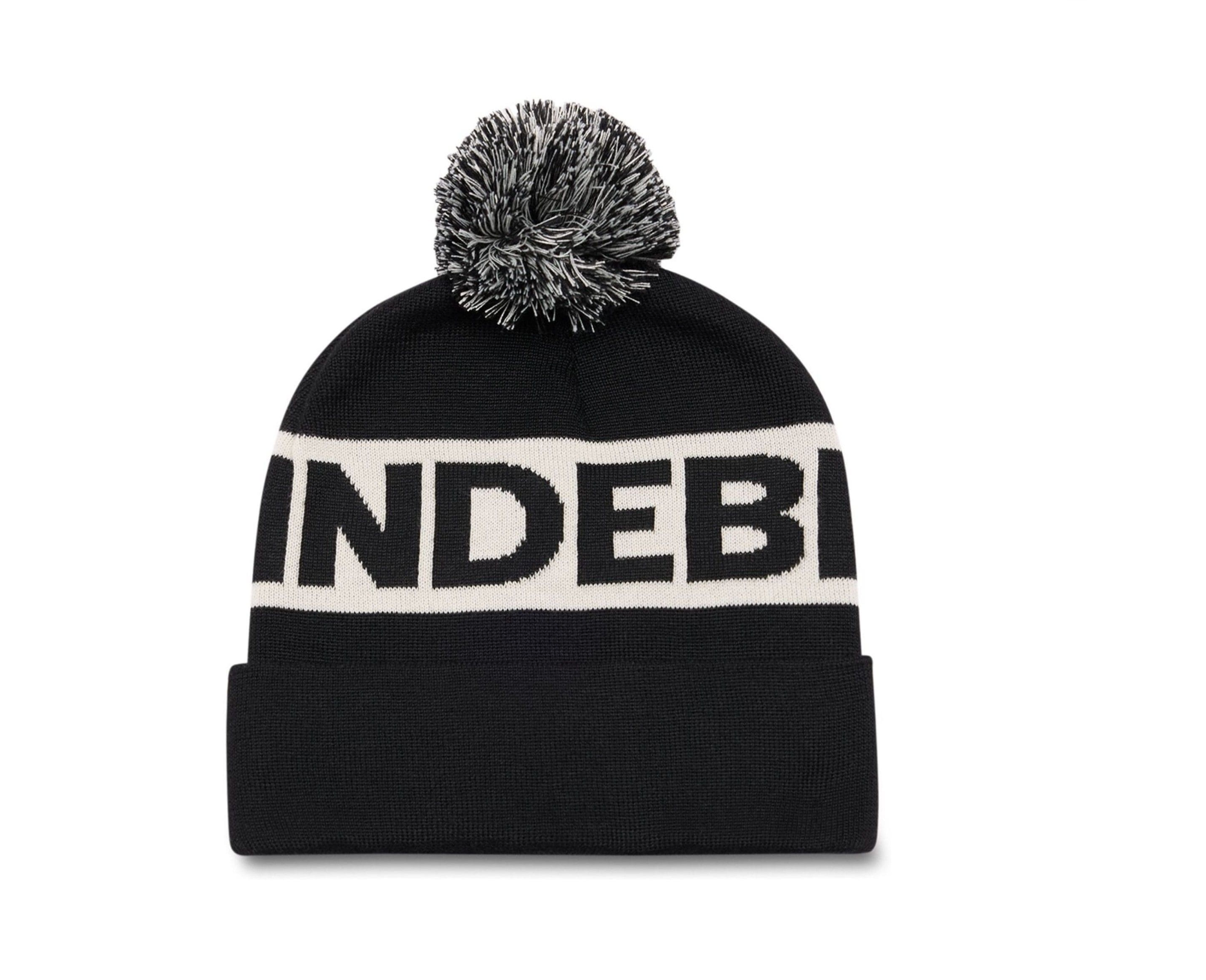 Black knit beanie with pom-pom and wide white logo band, 'INDEB' lettering