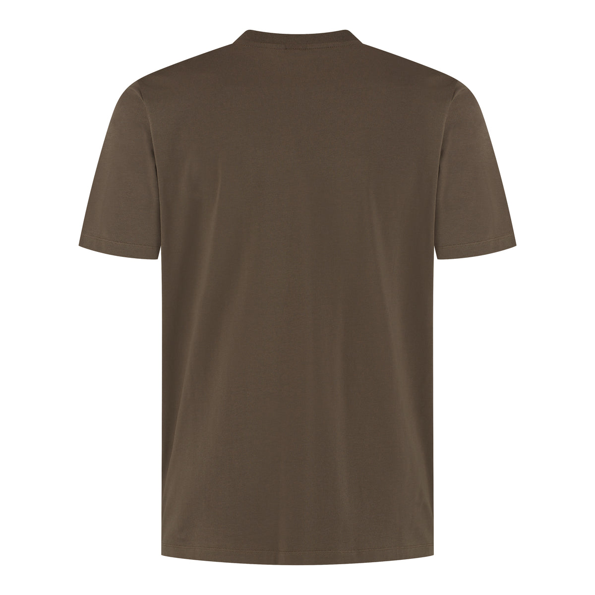 Dark olive stretch jersey T-shirt with crew neck and short sleeves, back view