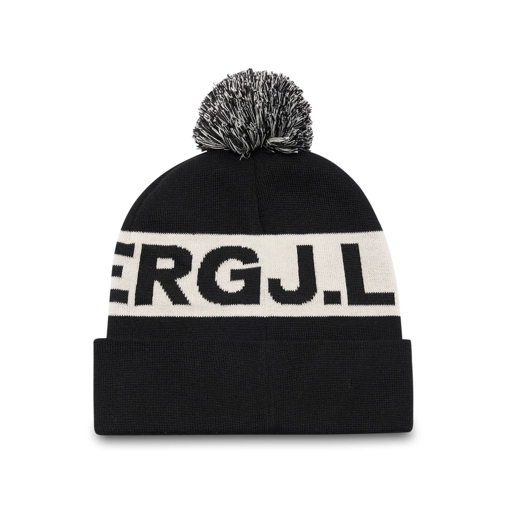Black knit beanie with pom-pom and white logo band lettering
