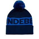 J.Lindeberg Tilo beanie in navy knit with blue pom-pom and bold blue logo lettering