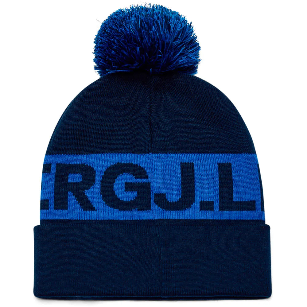 J.Lindeberg beanie, navy rib knit with blue pom-pom and large blue band logo