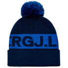 J.Lindeberg beanie, navy rib knit with blue pom-pom and large blue band logo