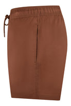 Brown swim shorts with elasticated waistband, drawstring tie, and side pocket