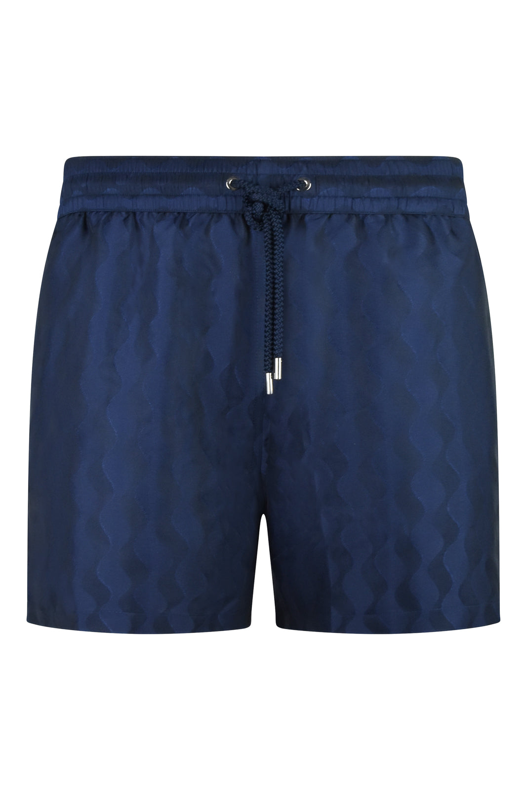 Navy jacquard swim shorts with drawstring waist and scalloped pattern