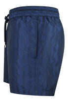 Navy swim shorts with elastic waistband, drawstring, and zip pocket panel
