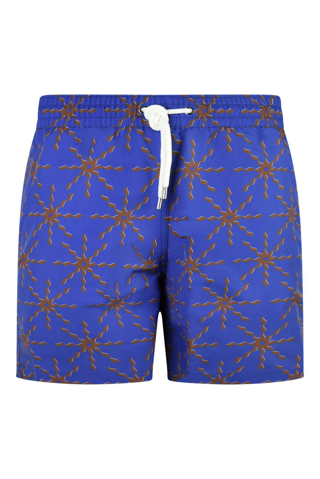 Cobalt blue swim shorts with terrazo floral print, elastic waist and drawstring