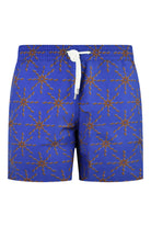 Cobalt blue swim shorts with terrazo floral print, elastic waist and drawstring