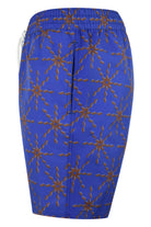 Cobalt blue swim shorts with terrazo floral print, elastic waistband and side seams