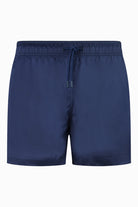 Blue elasticated swim shorts with drawstring and mesh-lined front