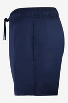 Blue swim shorts with elastic waistband and vertical seam detail