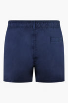 Blue swim shorts with elastic waistband, central seam, and side pocket