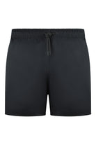 Black elasticated swim shorts with drawstring waistband and side pockets