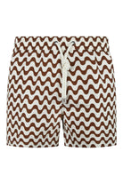 Brown and ecru swim shorts with wavy pattern, drawstring waistband, front view