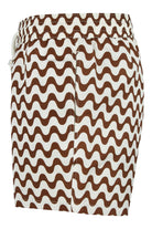 Brown and ecru swim shorts with wavy print, elastic waistband, back view