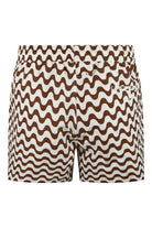 Brown and ecru swim shorts with wavy print, drawstring waistband, front details