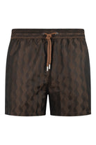 Brown swim shorts with elastic waistband, drawstring and dark jacquard pattern