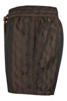Brown swim shorts back view with elastic waistband and vertical seam detail