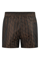 Brown swim shorts front view with button detail and dark jacquard pattern