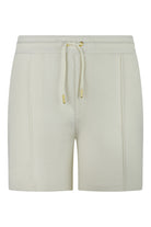 Fila pin tuck shorts in pale gardenia, elastic waist with drawstring and gold aglets