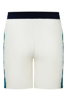 Cream velour shorts with navy waistband and teal side panels