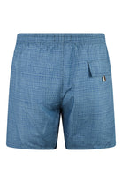 Blue micro-print swimshorts with right-side patch pocket detail