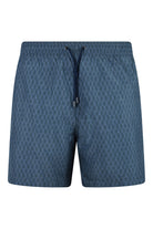 Navy herringbone-print swim shorts with elastic waistband and drawstring