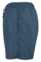 Navy herringbone-print swim shorts, back view with elastic waistband