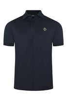 Dark blue short-sleeve pique polo with collared neckline and button placket