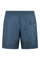Navy herringbone-print swim shorts with side pocket and elastic waistband