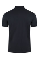 Dark blue short-sleeve polo, back view with solid knit and curved hem