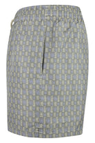 Men's swim shorts, back view, tribal check-print, elastic waist and drawstring, grey/lilac