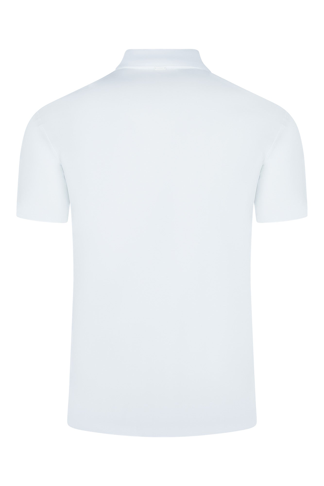 White short-sleeve polo shirt, back view with clean yoke and straight hem