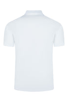 White short-sleeve polo shirt, back view with clean yoke and straight hem