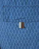 Blue herringbone-print swim shorts, waistband label patch and inner pocket
