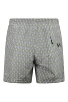 Men's swim shorts, side view, tribal pattern, elastic waistband with drawstring, grey/lilac