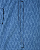 Blue herringbone-print swim shorts, center back drawcord and stitched seam