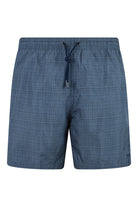 Navy micro-print quick-dry swim shorts with elastic waist and drawstring, side pockets