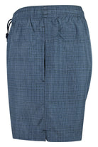Navy micro-print quick-dry swim shorts with elastic waist drawstring and back seam detail