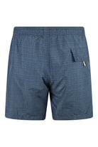 Navy micro-print quick-dry swim shorts with elastic waistband and side pocket opening