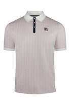 Men's pale lilac striped polo with white pinstripes, navy placket and Fila logo