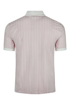 Men's pale lilac striped polo with white pinstripes, ribbed collar