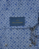 Men's blue swim shorts with PAUL & SHARK logo patch and micro shark geometric print